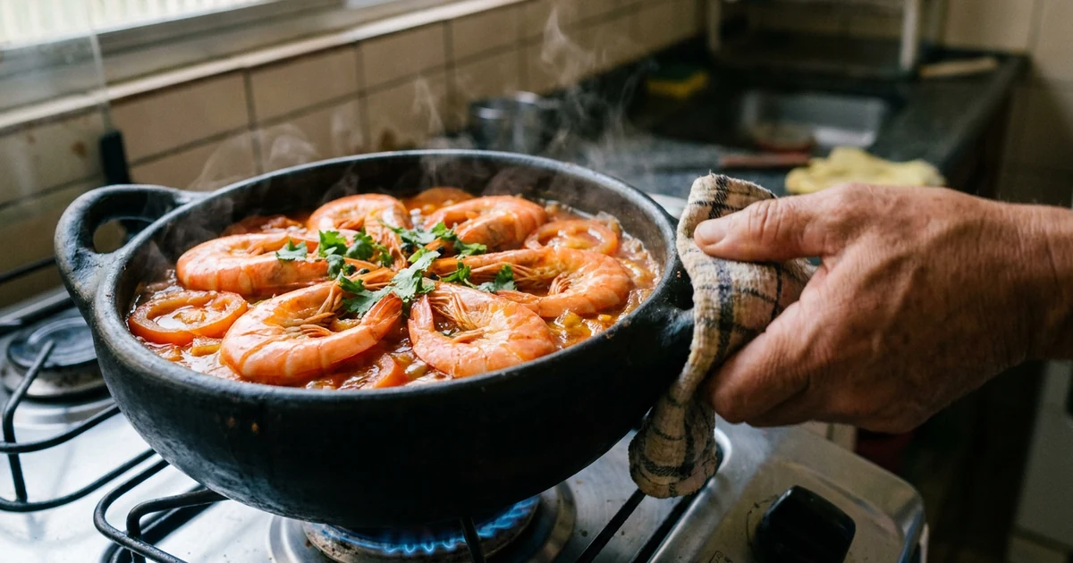 Moqueca de camarão fervendo em panela de barro sobre a chama, com camarões rosados, rodelas de tomate e coentro