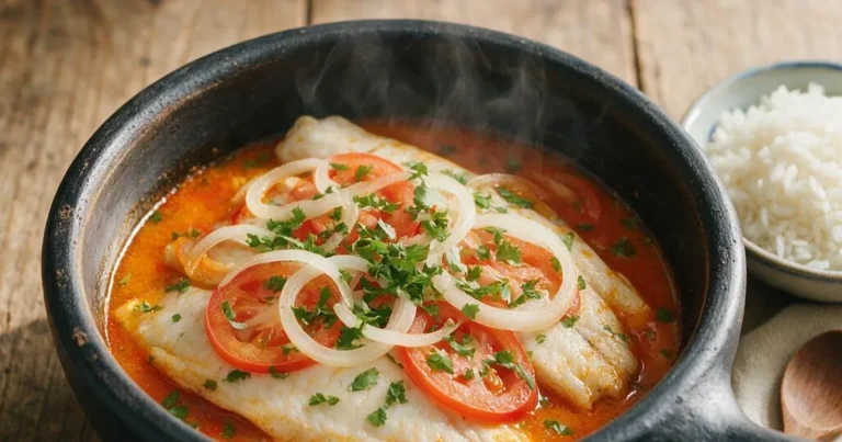 Moqueca de tilápia capixaba em panela de barro, filés de peixe no caldo alaranjado de urucum com rodelas de tomate, cebola e coentro, servida com arroz