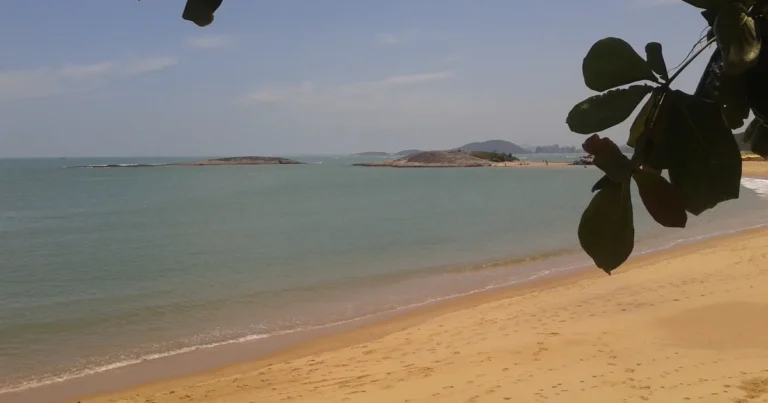 Trecho de areia dourada e mar calmo na Praia de Setiba, em Guarapari, com ilhotas ao fundo e folhas de castanheira em primeiro plano