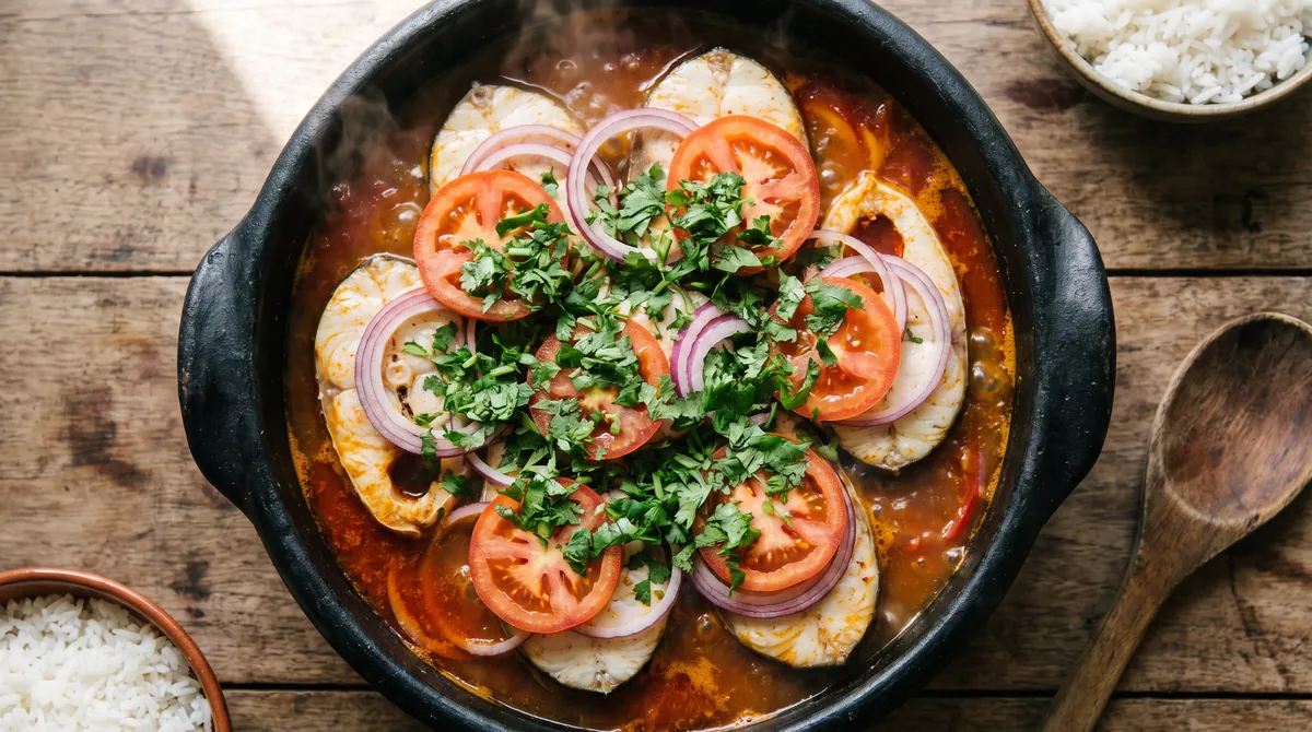 Moqueca capixaba servida na panela de barro, com postas de peixe cobertas por rodelas de tomate e cebola e coentro picado