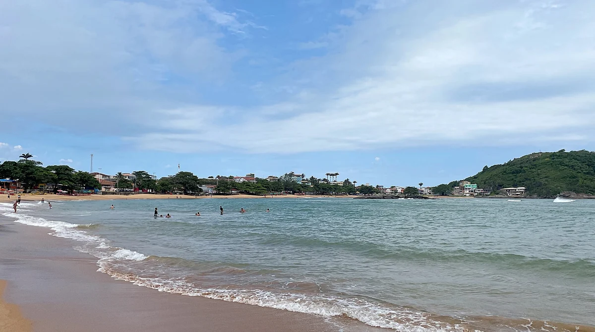 Praia de Setiba, em Guarapari - ES, com vegetação de restinga e faixa de areia ao fundo