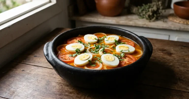 Panela de barro capixaba com moqueca de ovos, metades de ovo cozido sobre molho de urucum com rodelas de tomate e cebola e coentro picado