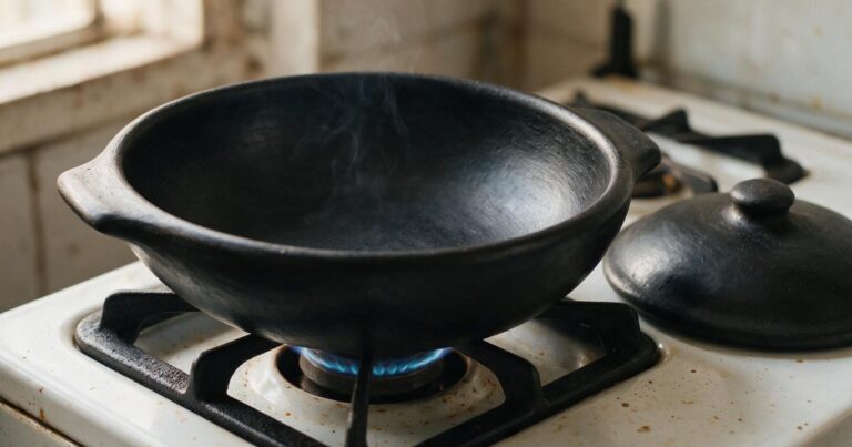 Panela de barro preta, rasa e com orelhas laterais, assentada na grelha de um fogão a gás com a chama azul acesa embaixo, e a tampa de barro ao lado.