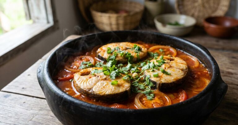 Moqueca de cação na panela de barro: postas altas no molho vermelho de urucum com rodelas de tomate e cebola e coentro por cima