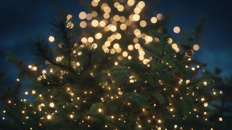 Microlâmpadas de Natal acesas em ramos de conífera à noite, com luzes desfocadas ao fundo