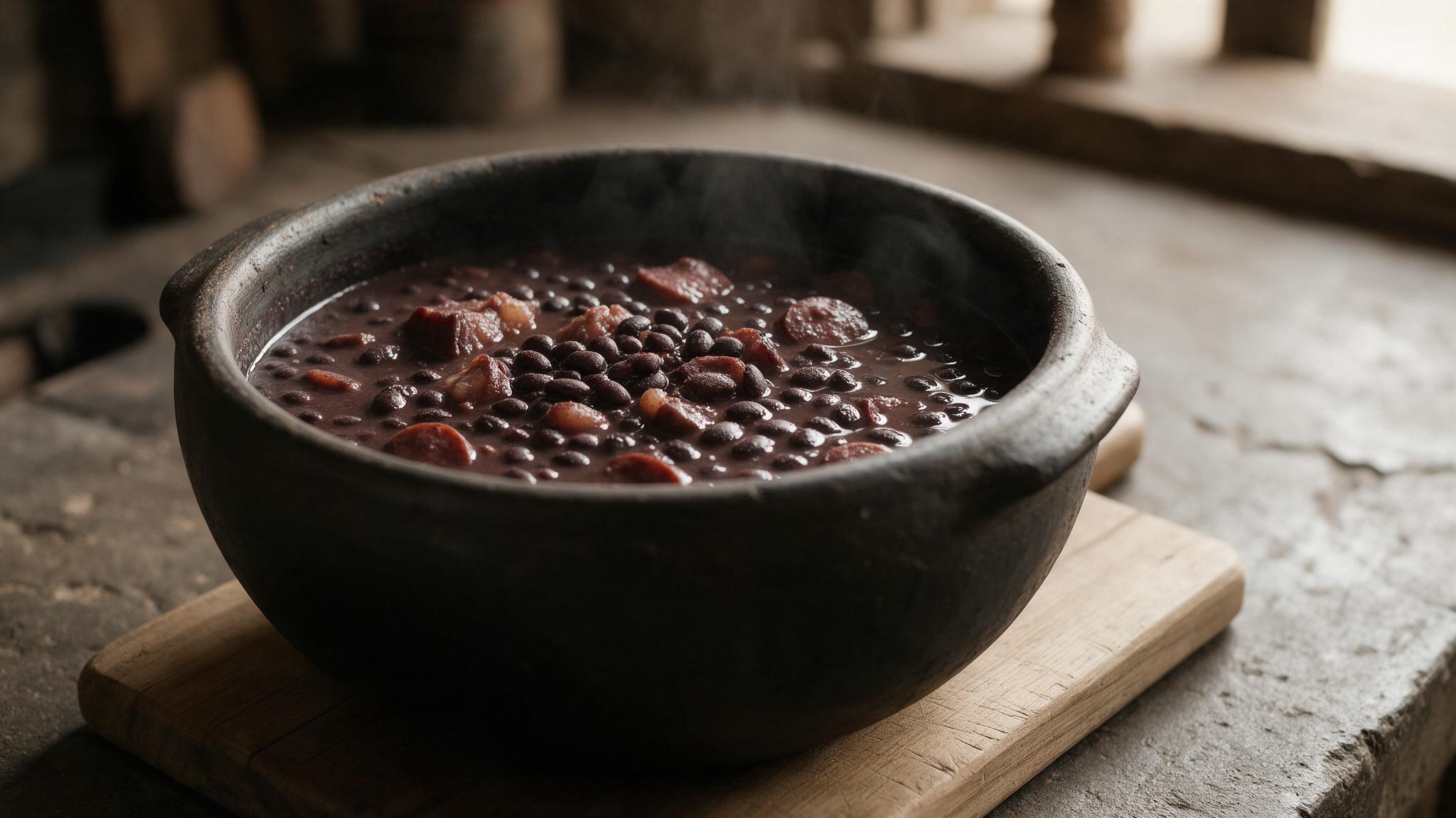 Panela de barro escura cheia de feijoada, sobre tábua de madeira em bancada rústica