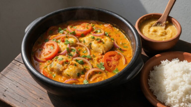 Moqueca capixaba servida na panela de barro de duas alças, com pirão e arroz brancos ao lado, sobre mesa de madeira