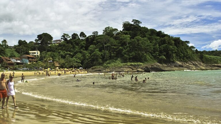 Enseada de praia em Iriri, distrito de Anchieta (ES), com vila na encosta de mata