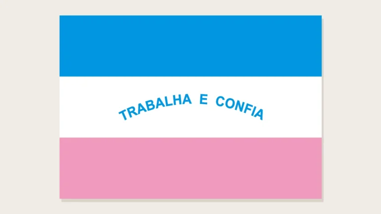 Bandeira do Espírito Santo com três faixas iguais, azul, branca e rosa, e o lema Trabalha e Confia em arco no centro