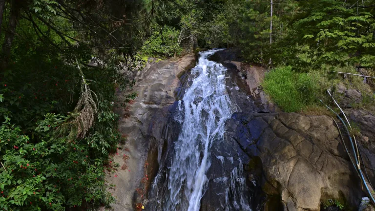 Queda d'água branca descendo por um canal de rocha escura e lisa em Domingos Martins (ES), entre mata fechada à esquerda e capim verde à direita, com mangueiras azuis presas à pedra na borda direita