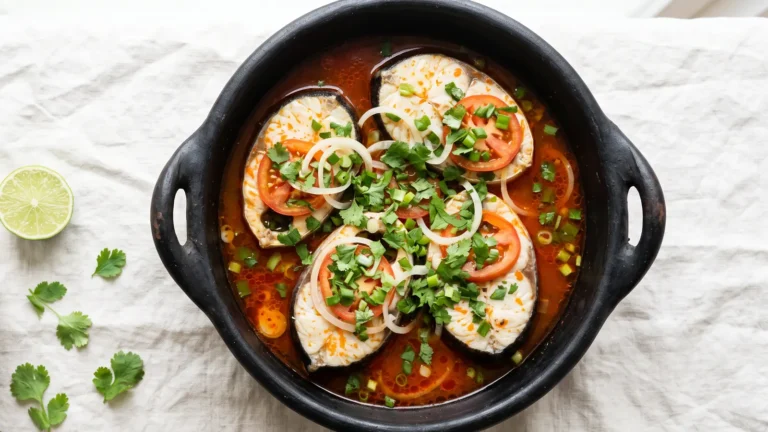 Moqueca de robalo capixaba vista de cima na panela de barro preta, com postas de robalo com pele, rodelas de tomate e cebola, coentro e cebolinha picados e caldo alaranjado de urucum, ao lado de meio limão e folhas de coentro sobre toalha de linho clara