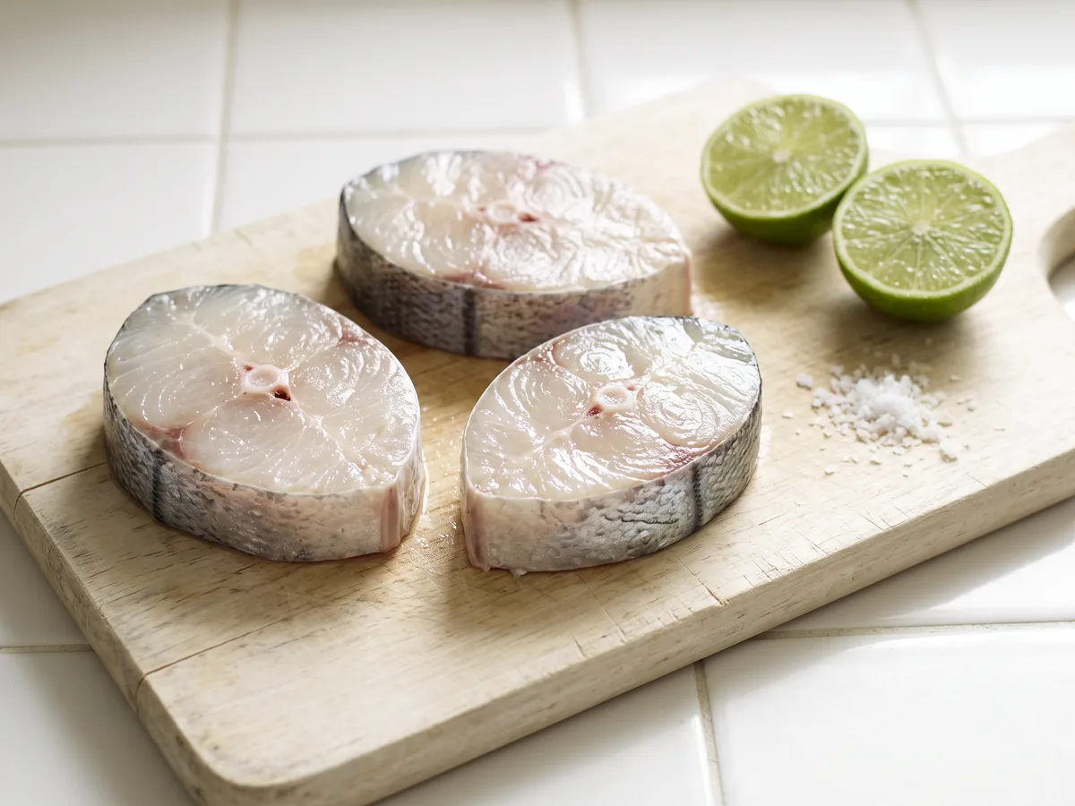 Postas cruas de robalo com a pele prateada e a espinha central à mostra sobre uma tábua clara, ao lado de limões cortados e sal grosso