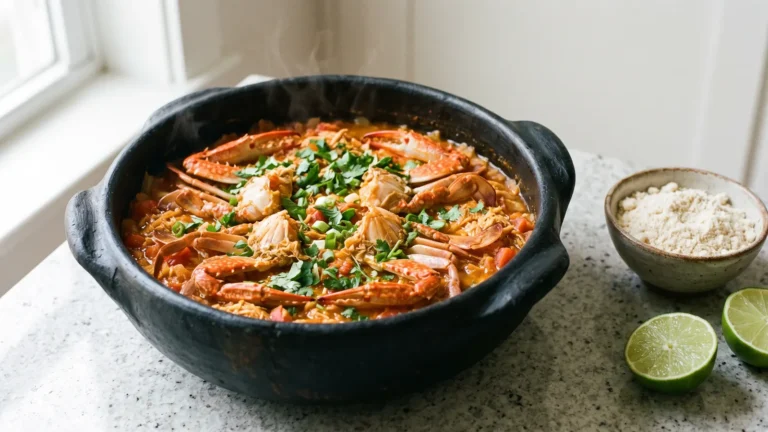 Moqueca de siri capixaba na panela de barro preta, vista de três quartos, com caldo alaranjado, siri desfiado, metades de siri cozido com as puãs e as patas, coentro e cebolinha picados, ao lado de uma tigela de farinha de mandioca e dois meios limões sobre bancada de granito claro