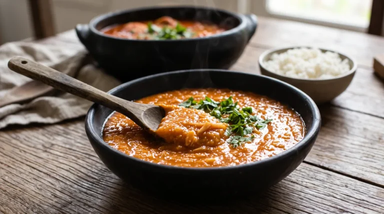 Pirão de peixe alaranjado e cremoso em tigela de barro preto, com coentro picado e colher de pau, moqueca e arroz branco ao fundo
