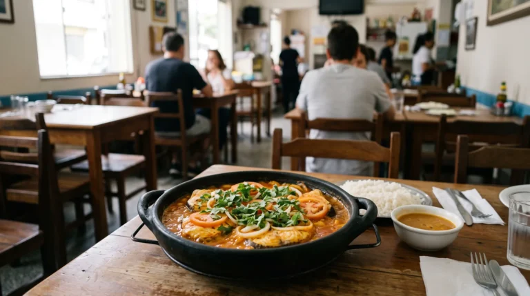 Panela de barro preta com moqueca de peixe, rodelas de tomate e cebola e coentro, sobre mesa de madeira de um salão de restaurante movimentado, ao lado de travessa de arroz branco, cumbuca de pirão, copo de água e talheres sobre guardanapo de papel.